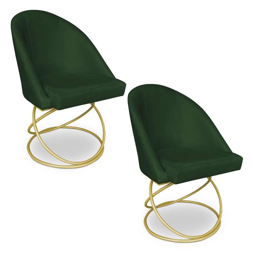 Kit 02 Cadeiras Poltrona de Jantar Bela Suede Verde Base Metálica Luxo Dourado - Pallazio