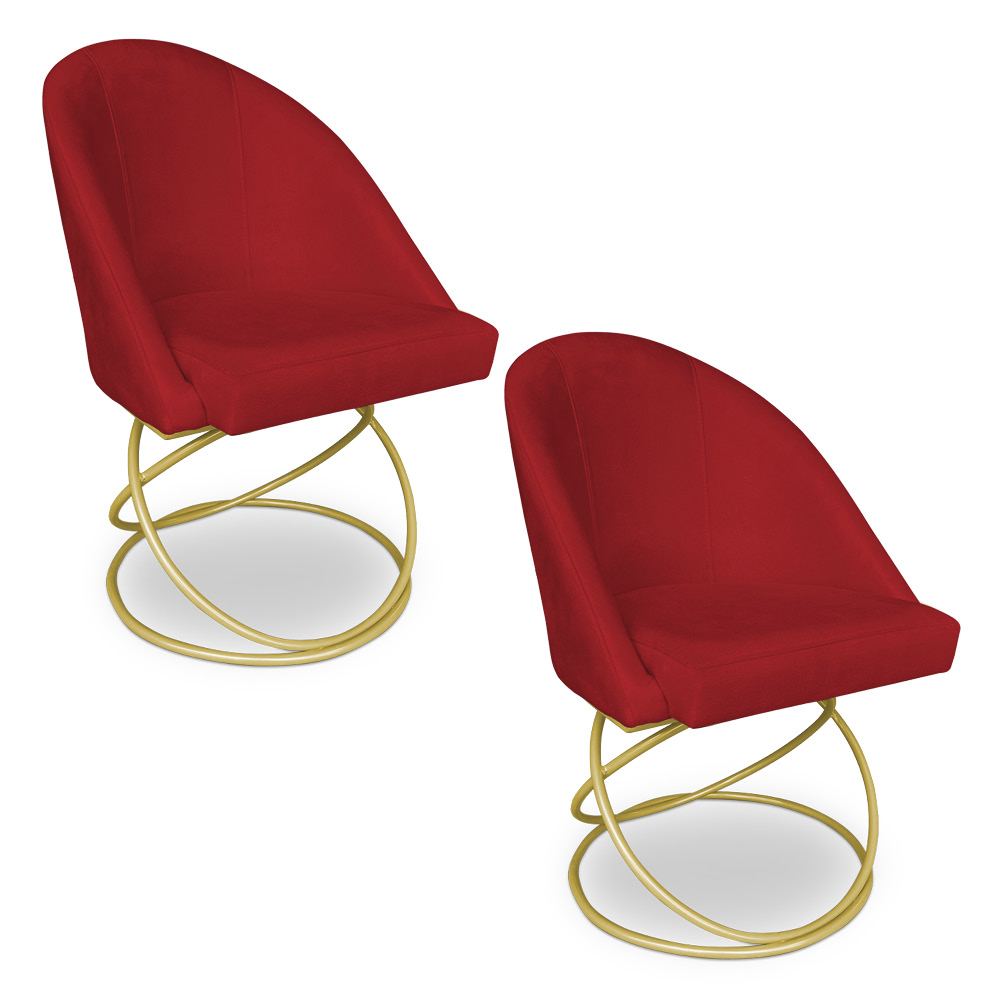 Kit 02 Cadeiras Poltrona de Jantar Bela Suede Vermelho Base Metálica Luxo Dourado - Pallazio