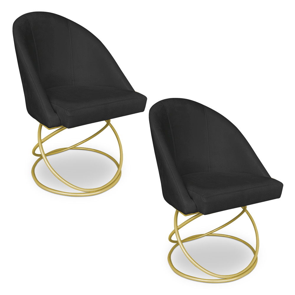 Kit 02 Cadeiras Poltrona de Jantar Bela Veludo Preto Base Metálica Luxo Dourado - Pallazio