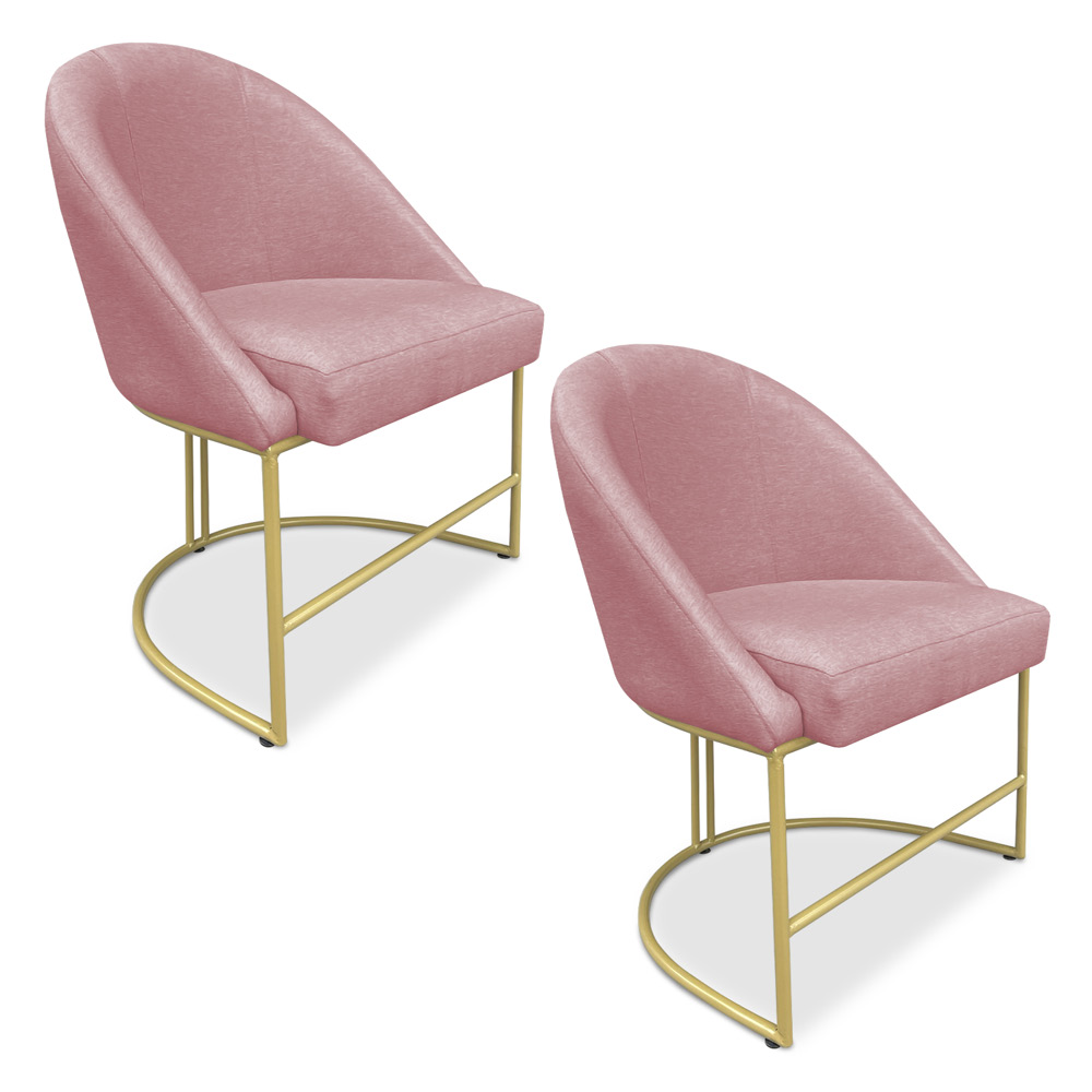 Kit 02 Cadeiras Poltrona de Jantar Bela Veludo Rosê Base Metálica Industrial Dourado - Pallazio