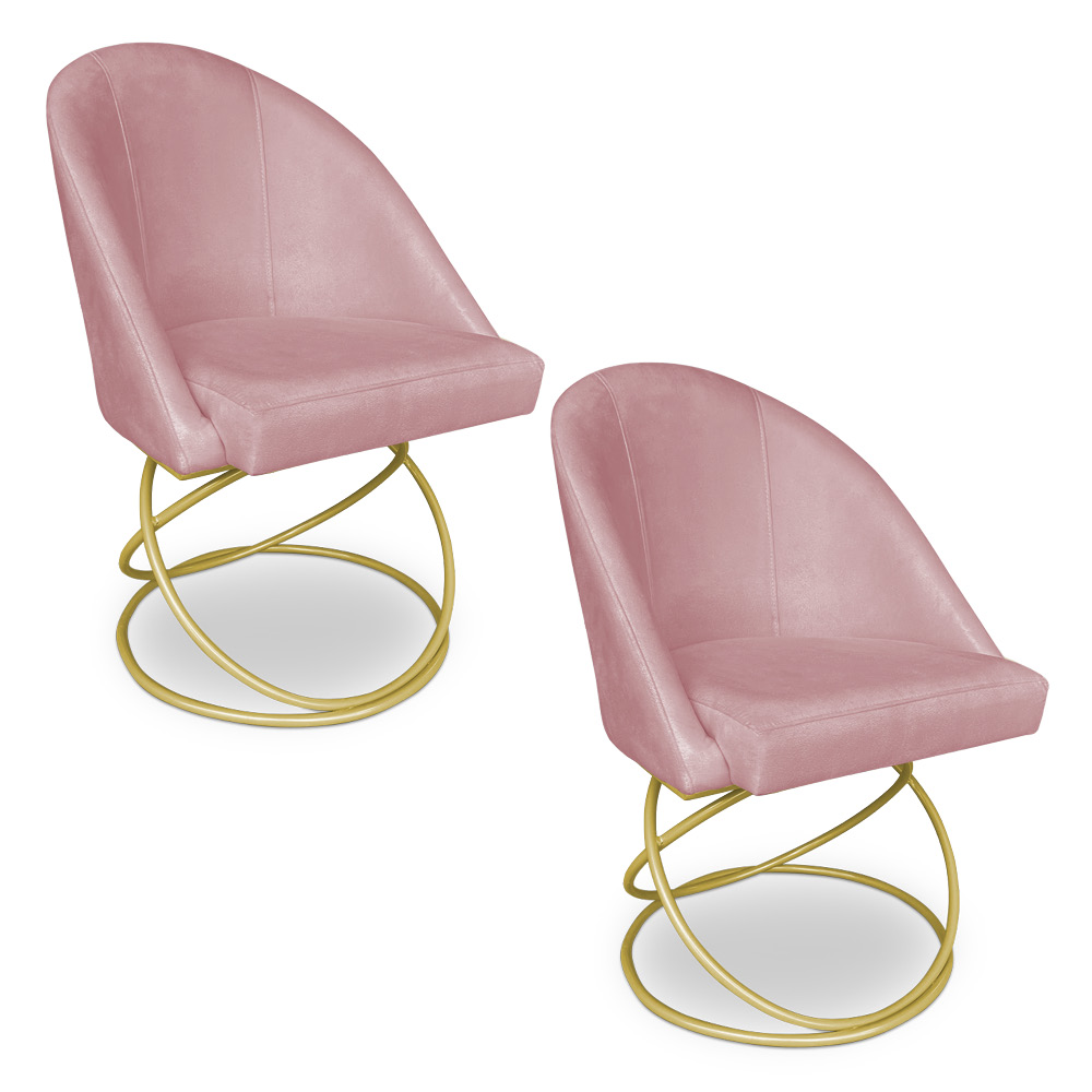 Kit 02 Cadeiras Poltrona de Jantar Bela Veludo Rosê Base Metálica Luxo Dourado - Pallazio