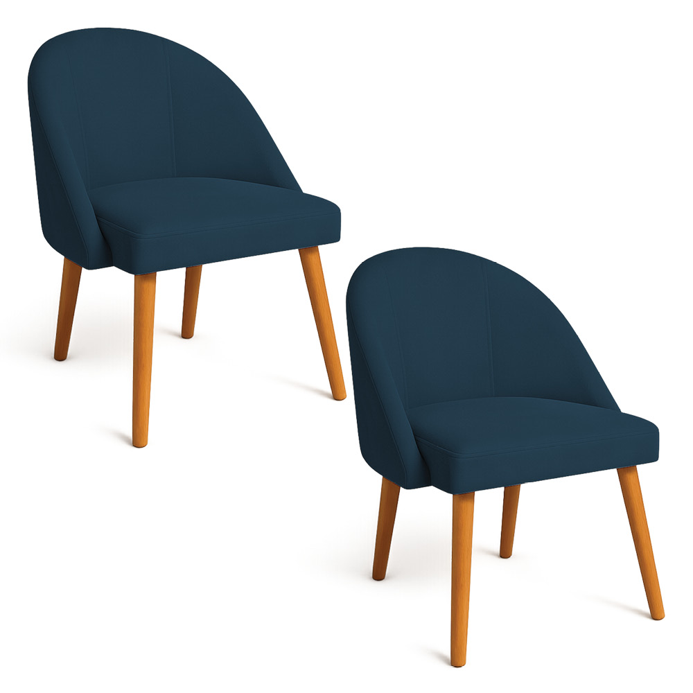 Kit 02 Cadeiras Poltrona de Jantar Luna Suede Azul Marinho Pés Palito Castanho - Pallazio