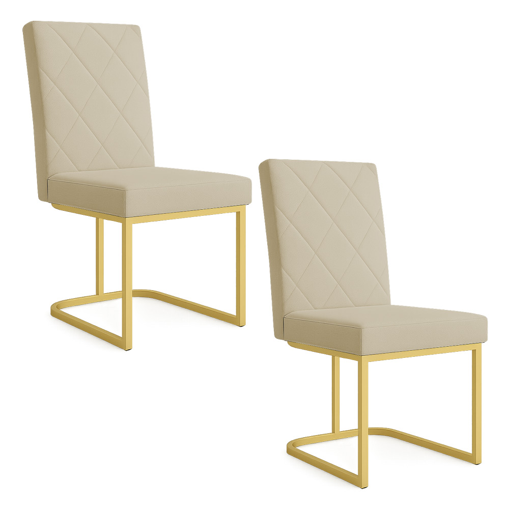 Kit 02 Cadeiras de Jantar Estofada Siena Linho Dourado Base de Ferro Dourada - Pallazio