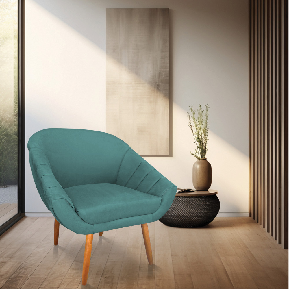Kit 02 Poltronas Bianca Suede Azul Turquesa Pés Palito Castanho - Pallazio