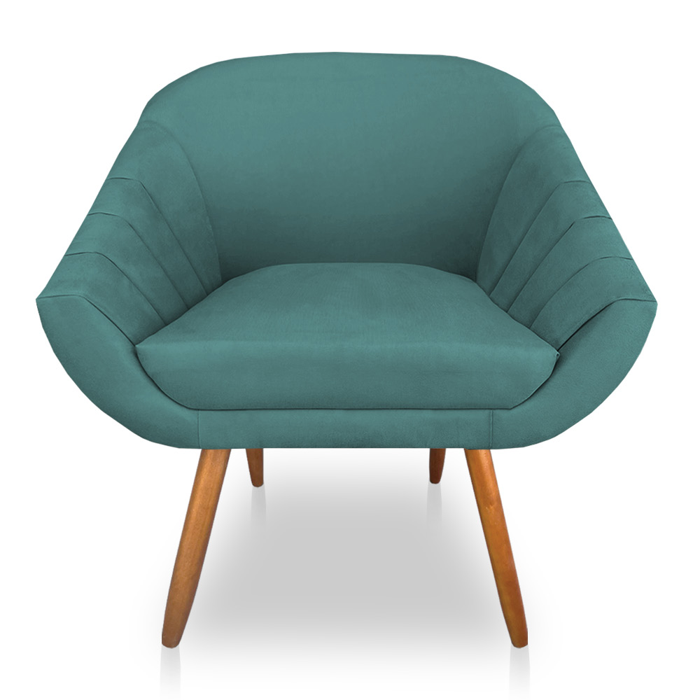 Kit 02 Poltronas Bianca Suede Azul Turquesa Pés Palito Castanho - Pallazio
