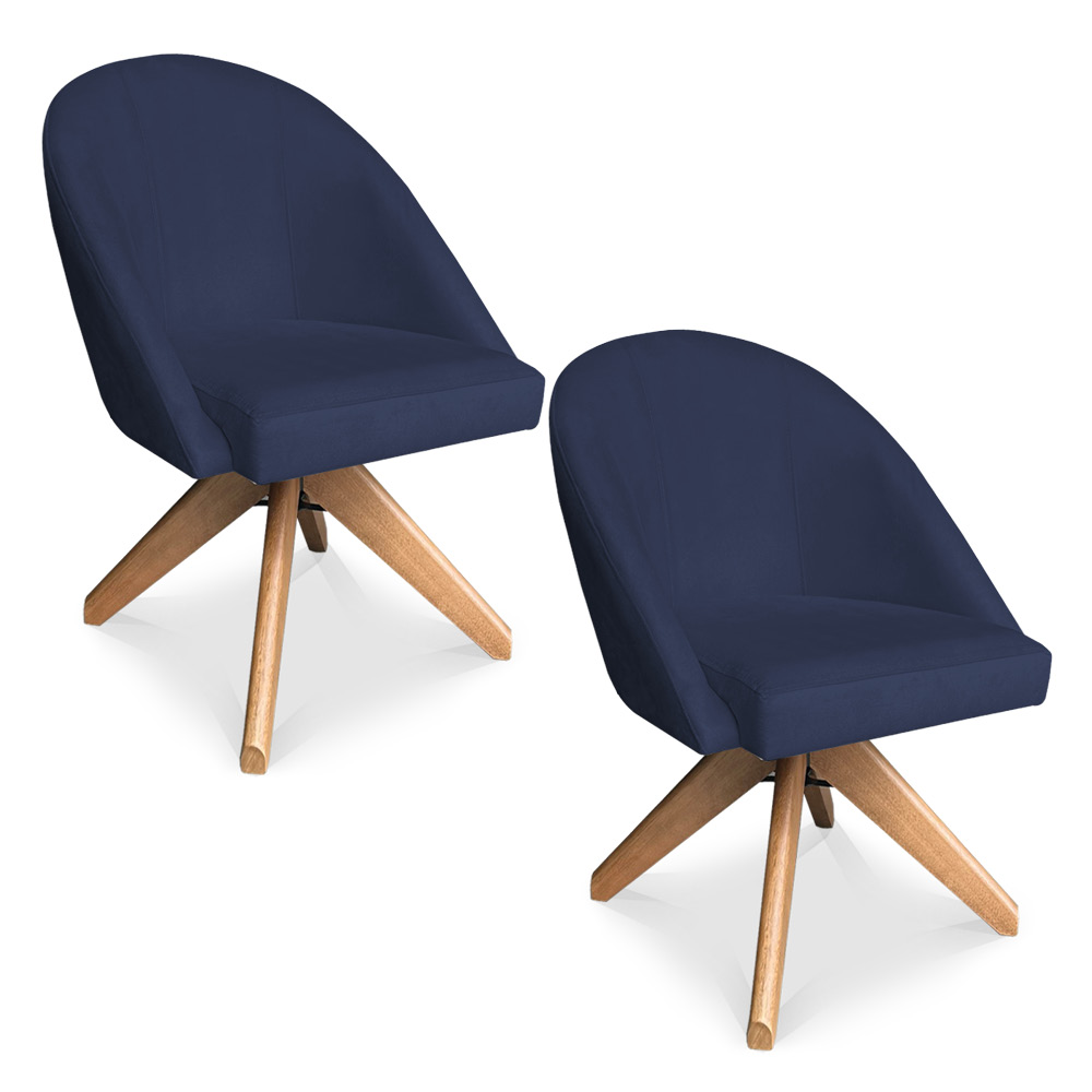 Kit 02 Poltronas Cadeira Giratória Bela Suede Azul Marinho Base de Madeira - Pallazio