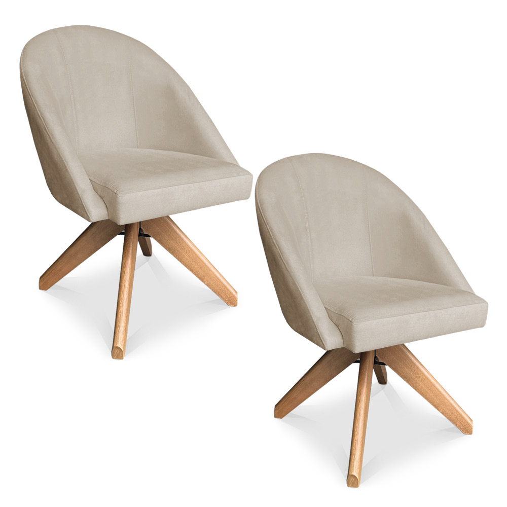 Kit 02 Poltronas Cadeira Giratória Bela Suede Bege Base de Madeira - Pallazio