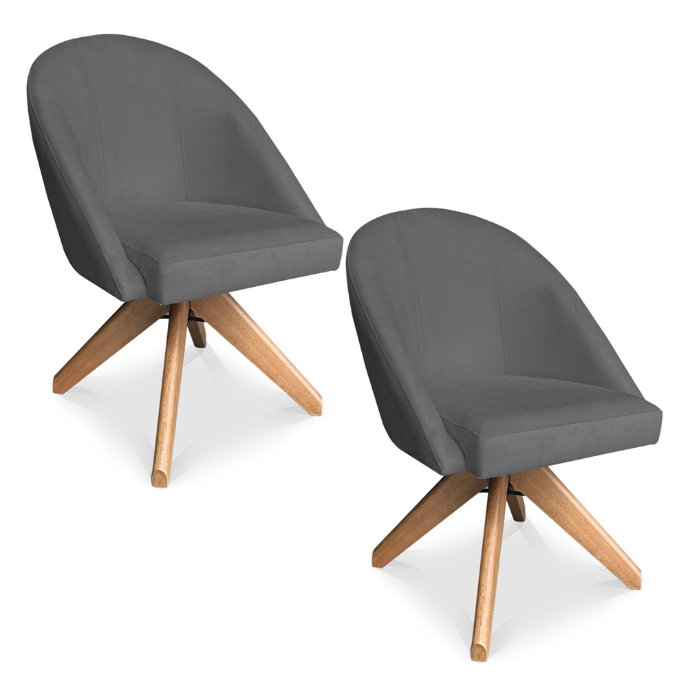 Kit 02 Poltronas Cadeira Giratória Bela Suede Grafite Base de Madeira - Pallazio
