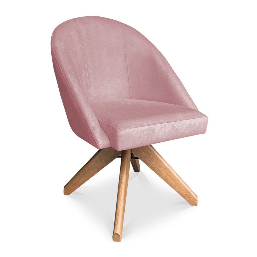 Kit 02 Poltronas Cadeira Giratória Bela Veludo Rosê Base de Madeira - Pallazio