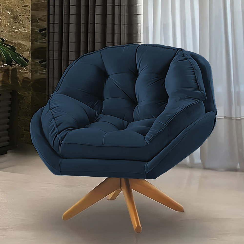 Kit 02 Poltronas Chicago Giratória Veludo Azul Marinho Base de Madeira - Pallazio