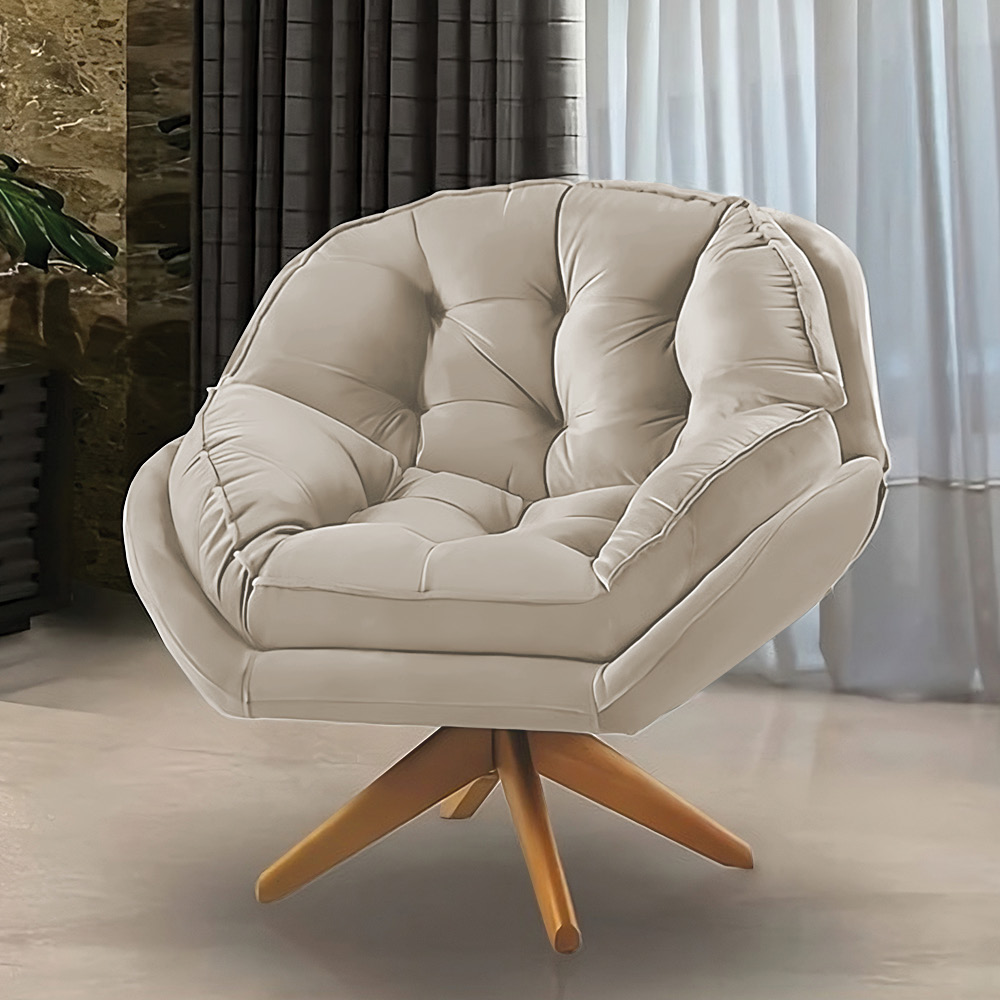 Kit 02 Poltronas Chicago Giratória Veludo Bege Base de Madeira - Pallazio