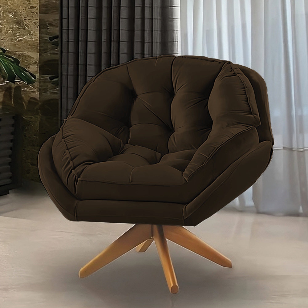 Kit 02 Poltronas Chicago Giratória Veludo Marrom Base de Madeira - Pallazio