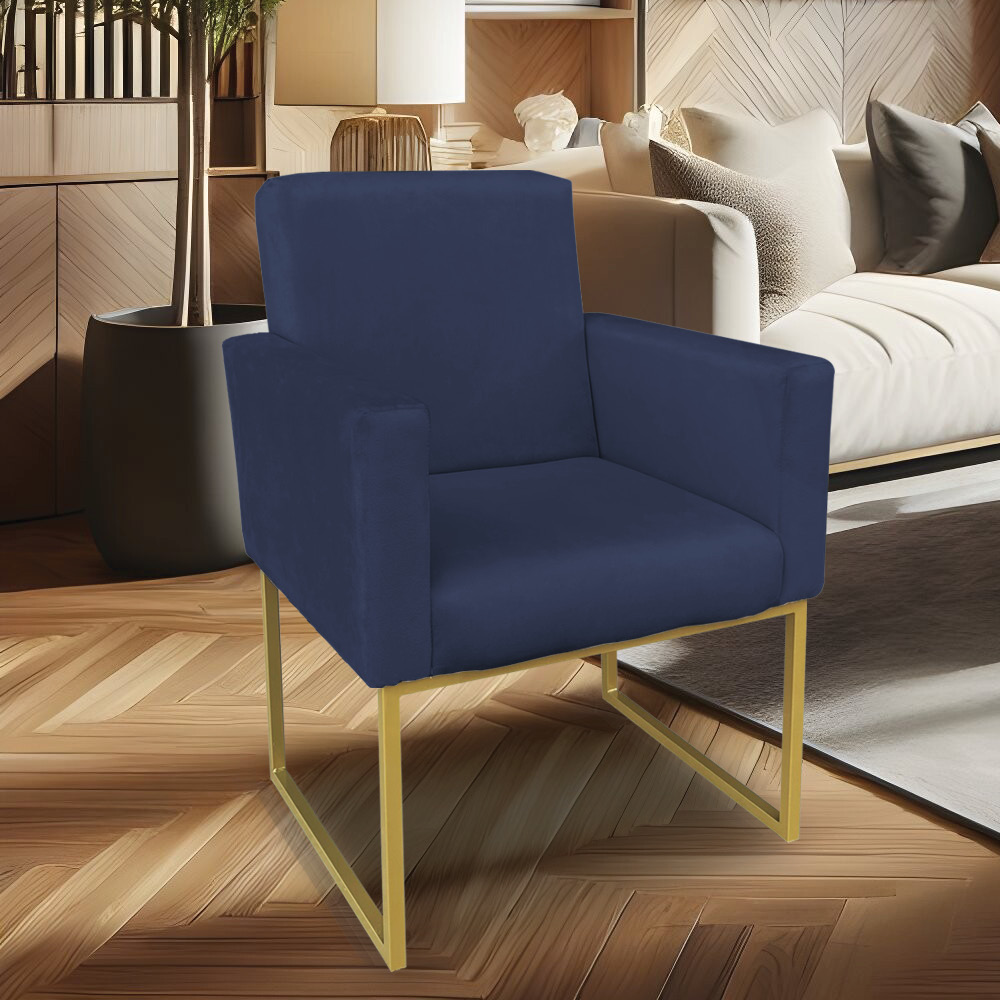 Kit 02 Poltronas Clarice Veludo Azul Marinho Base Metálica Industrial Dourado - Pallazio