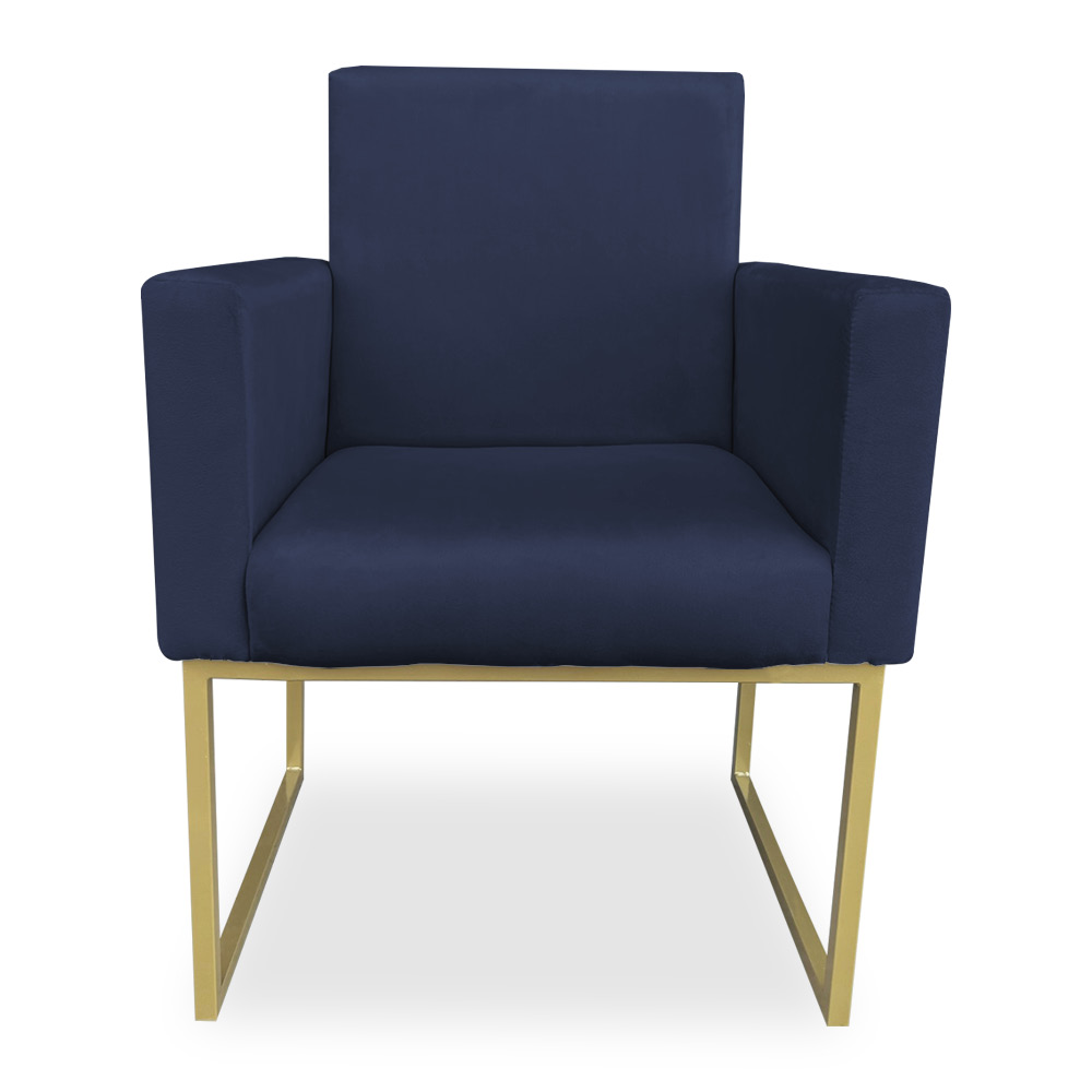 Kit 02 Poltronas Clarice Veludo Azul Marinho Base Metálica Industrial Dourado - Pallazio
