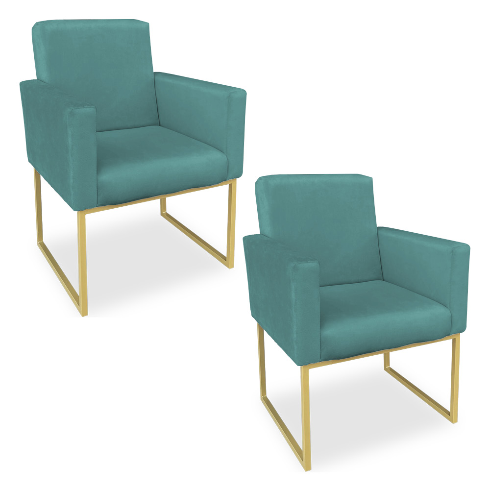 Kit 02 Poltronas Clarice Veludo Azul Turquesa Base Metálica Industrial Dourado - Pallazio