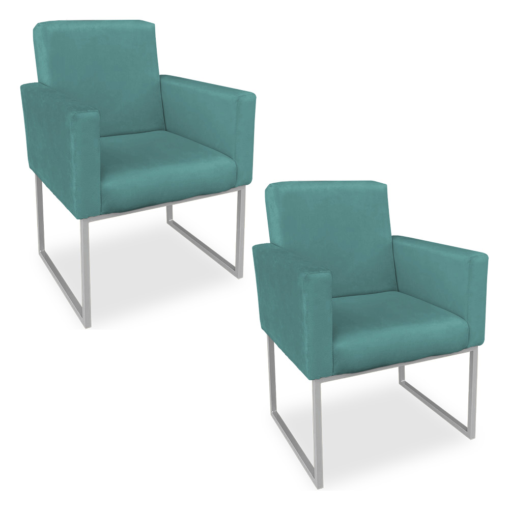 Kit 02 Poltronas Clarice Veludo Azul Turquesa Base Metálica Industrial Prata - Pallazio