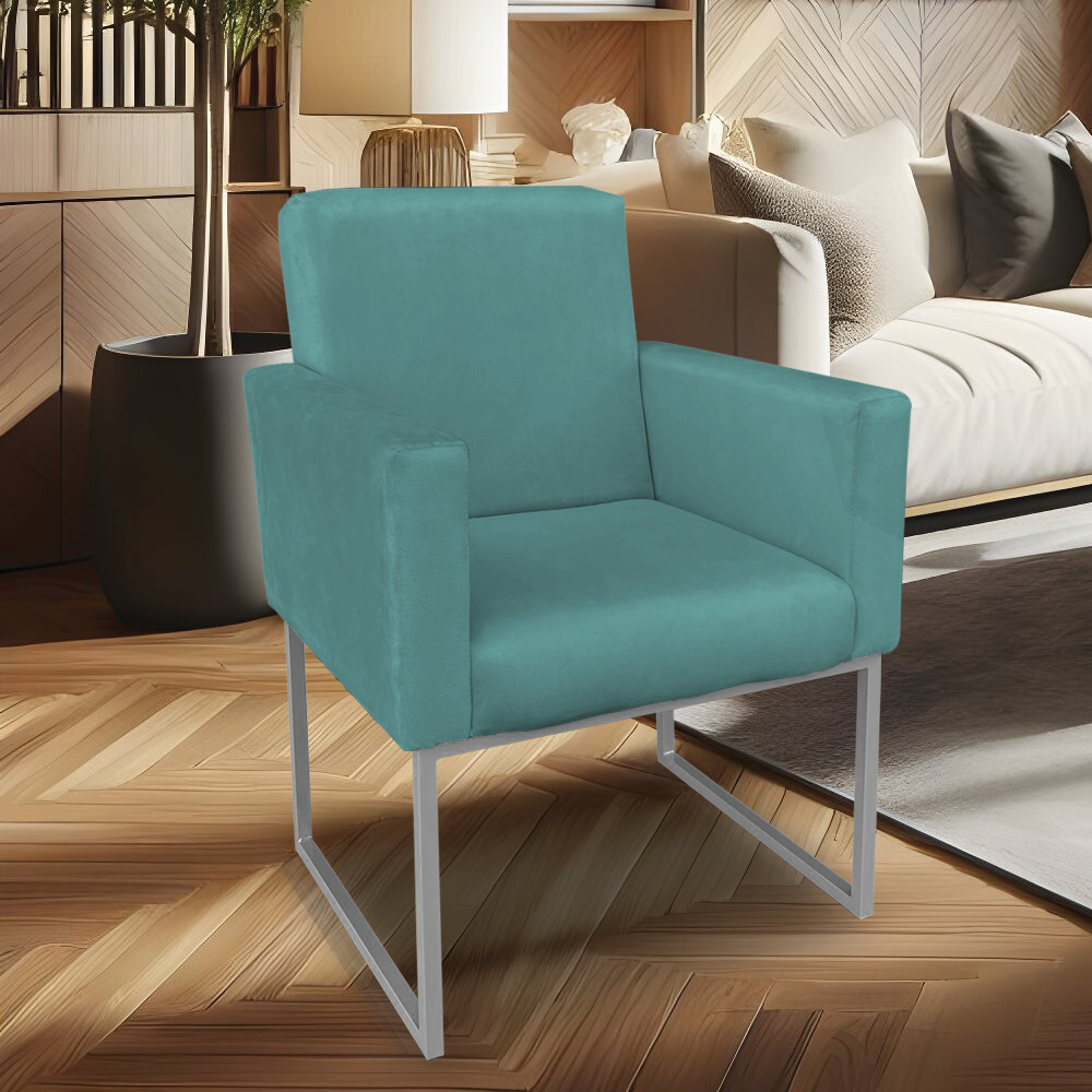 Kit 02 Poltronas Clarice Veludo Azul Turquesa Base Metálica Industrial Prata - Pallazio