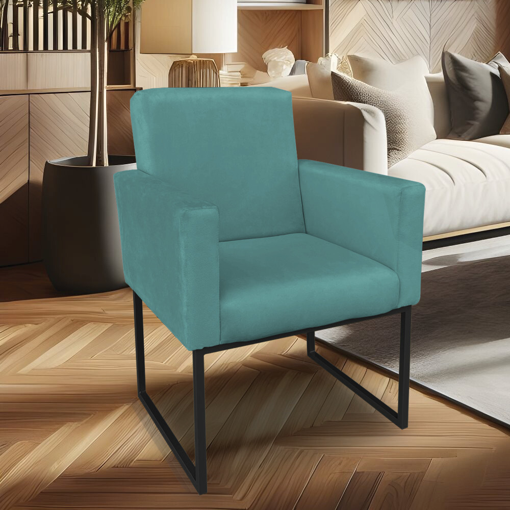 Kit 02 Poltronas Clarice Veludo Azul Turquesa Base Metálica Industrial Preto - Pallazio