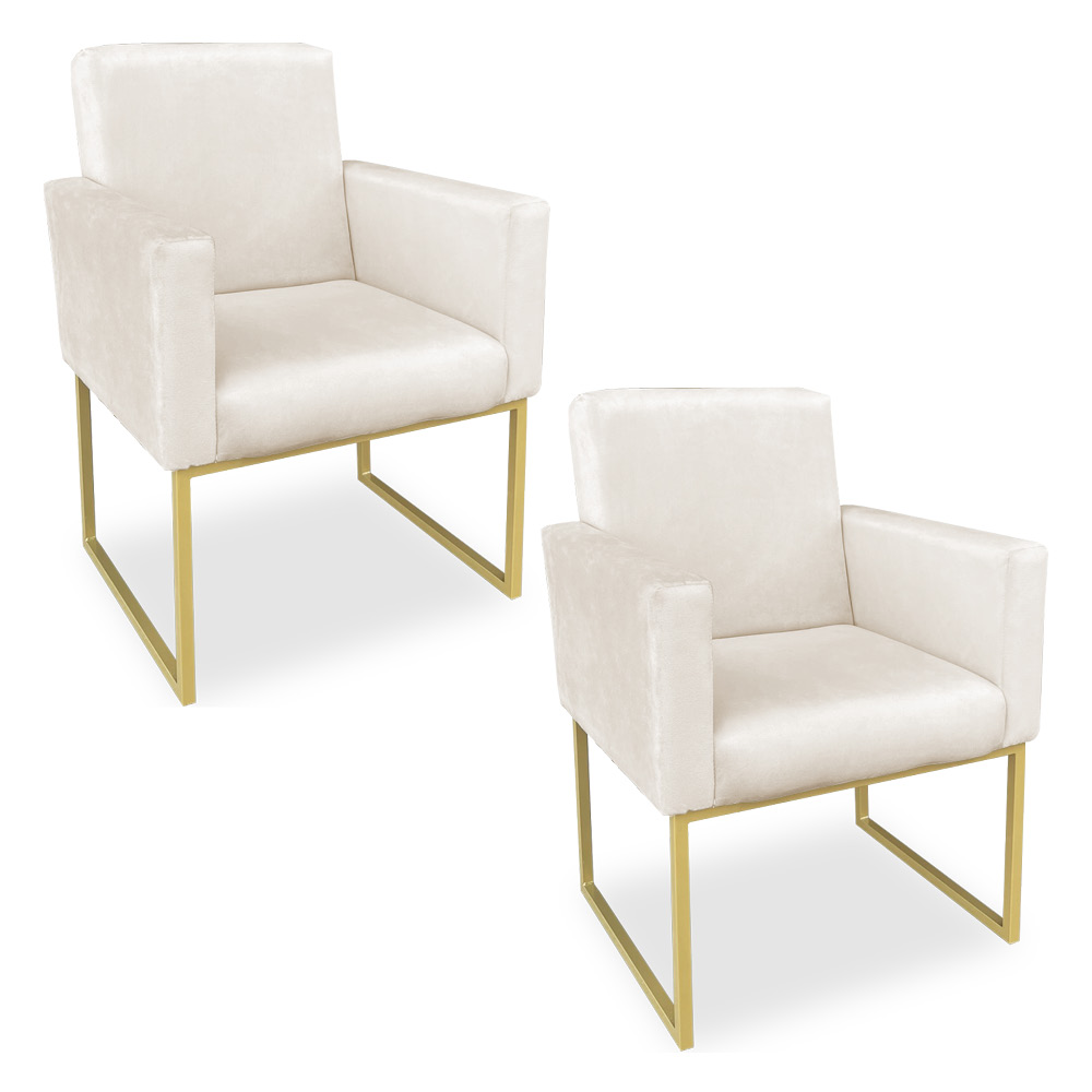 Kit 02 Poltronas Clarice Veludo Bege Base Metálica Industrial Dourado - Pallazio