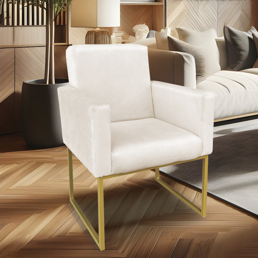 Kit 02 Poltronas Clarice Veludo Bege Base Metálica Industrial Dourado - Pallazio