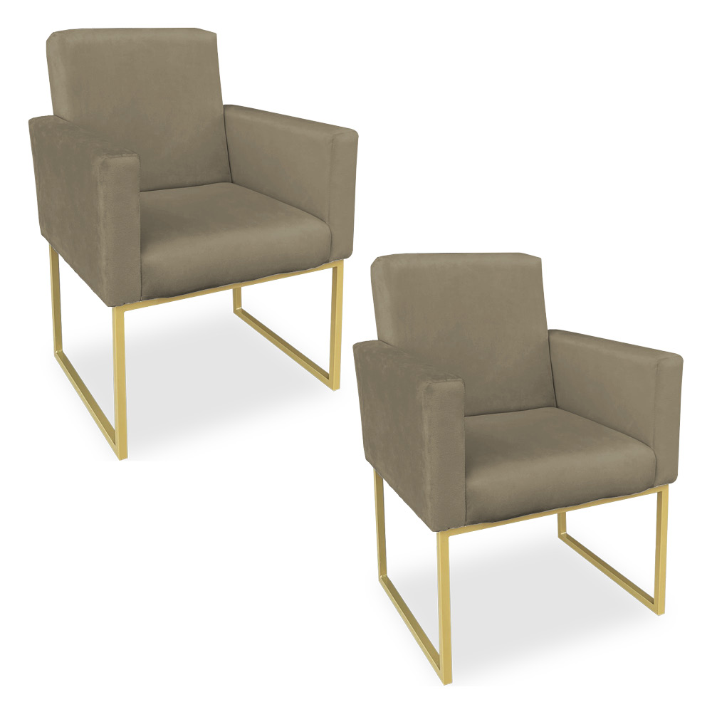 Kit 02 Poltronas Clarice Veludo Capuccino Base Metálica Industrial Dourado - Pallazio