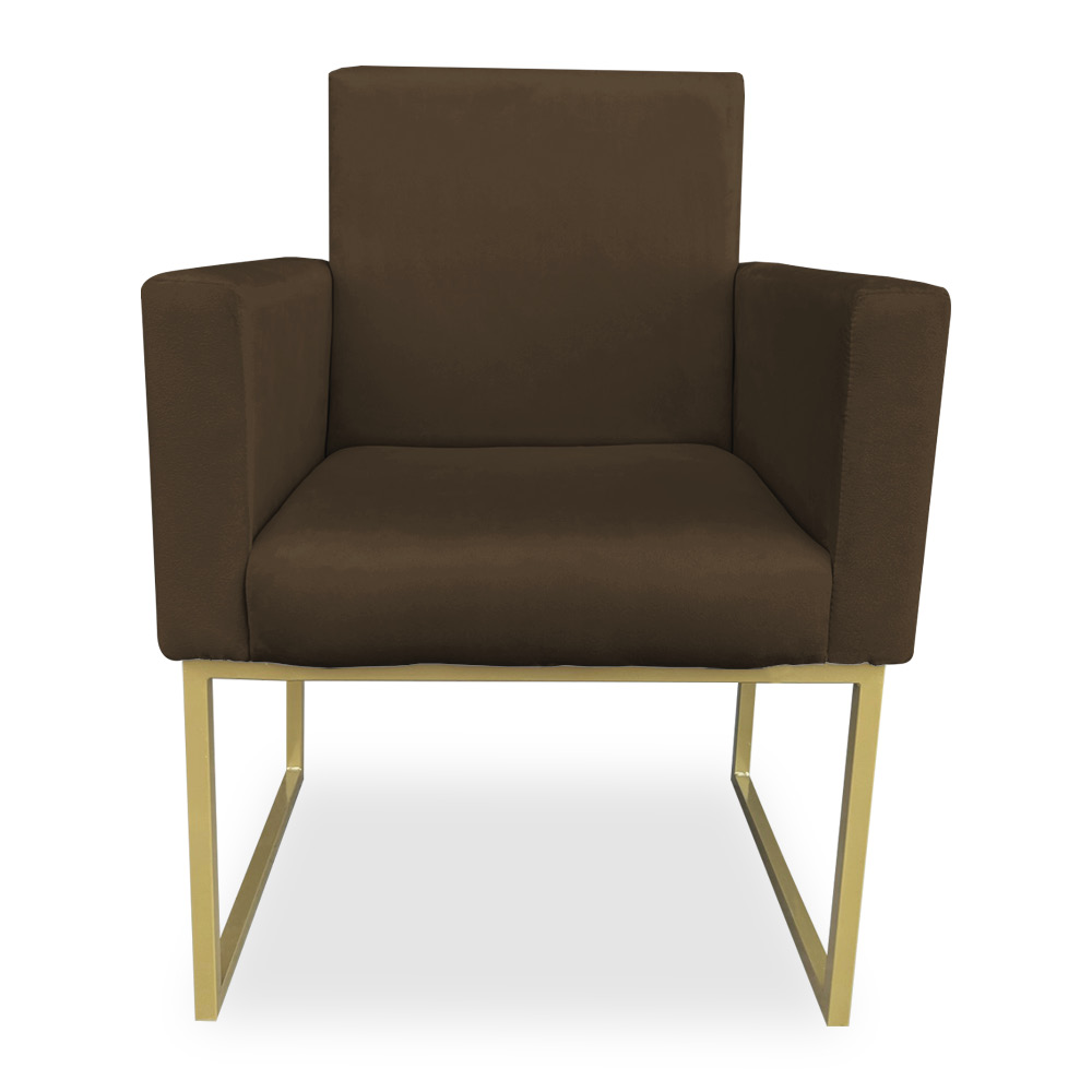 Kit 02 Poltronas Clarice Veludo Marrom Base Metálica Industrial Dourado - Pallazio