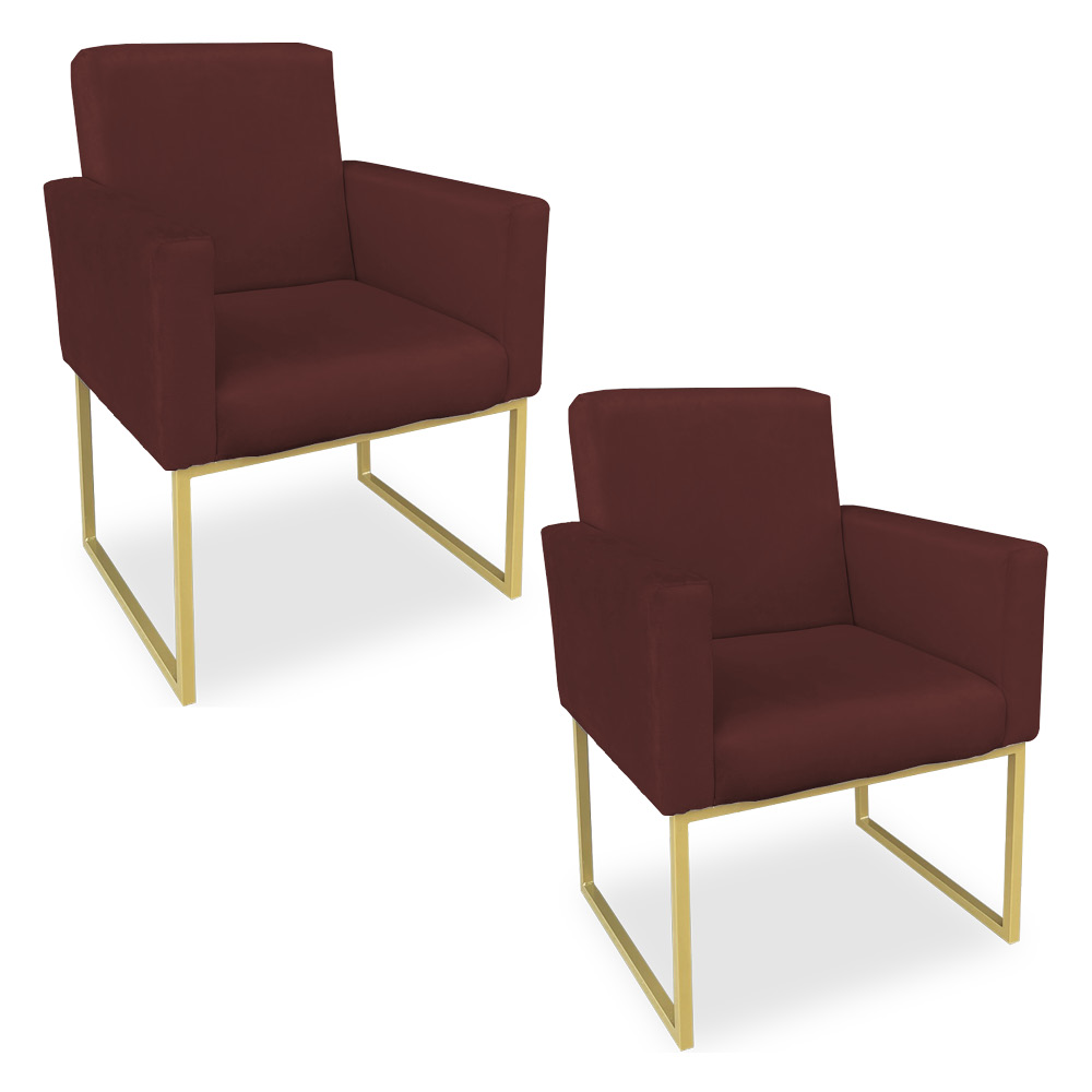 Kit 02 Poltronas Clarice Veludo Marsala Base Metálica Industrial Dourado - Pallazio