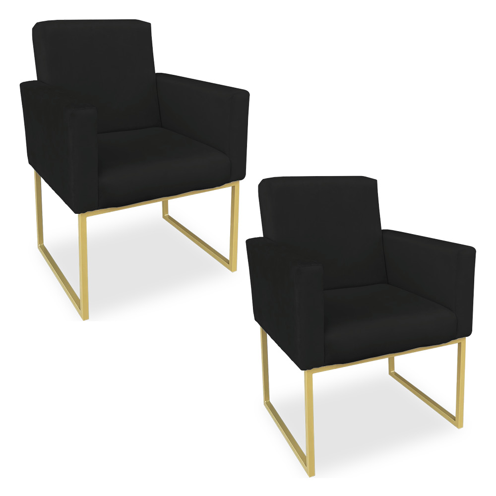 Kit 02 Poltronas Clarice Veludo Preto Base Metálica Industrial Dourado - Pallazio