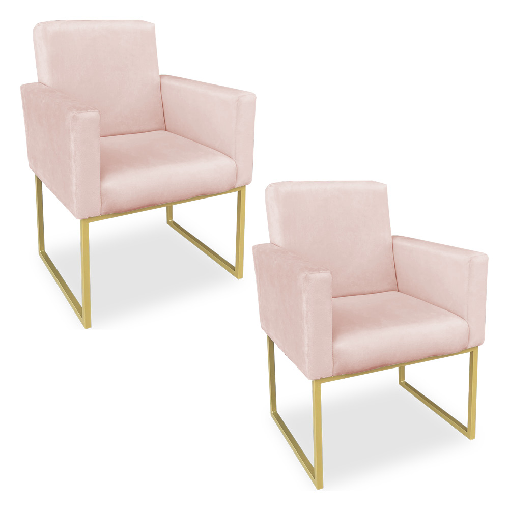 Kit 02 Poltronas Clarice Veludo Rosa Bebê Base Metálica Industrial Dourado - Pallazio