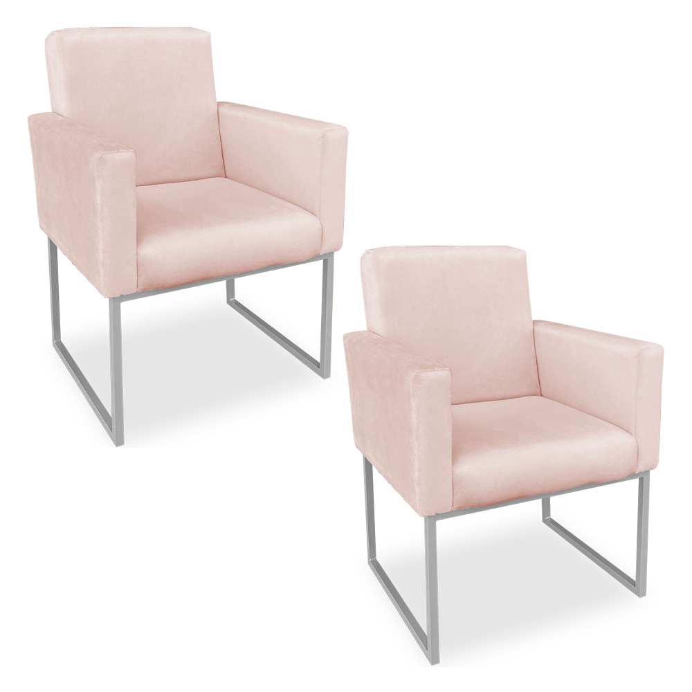 Kit 02 Poltronas Clarice Veludo Rosa Bebê Base Metálica Industrial Prata - Pallazio