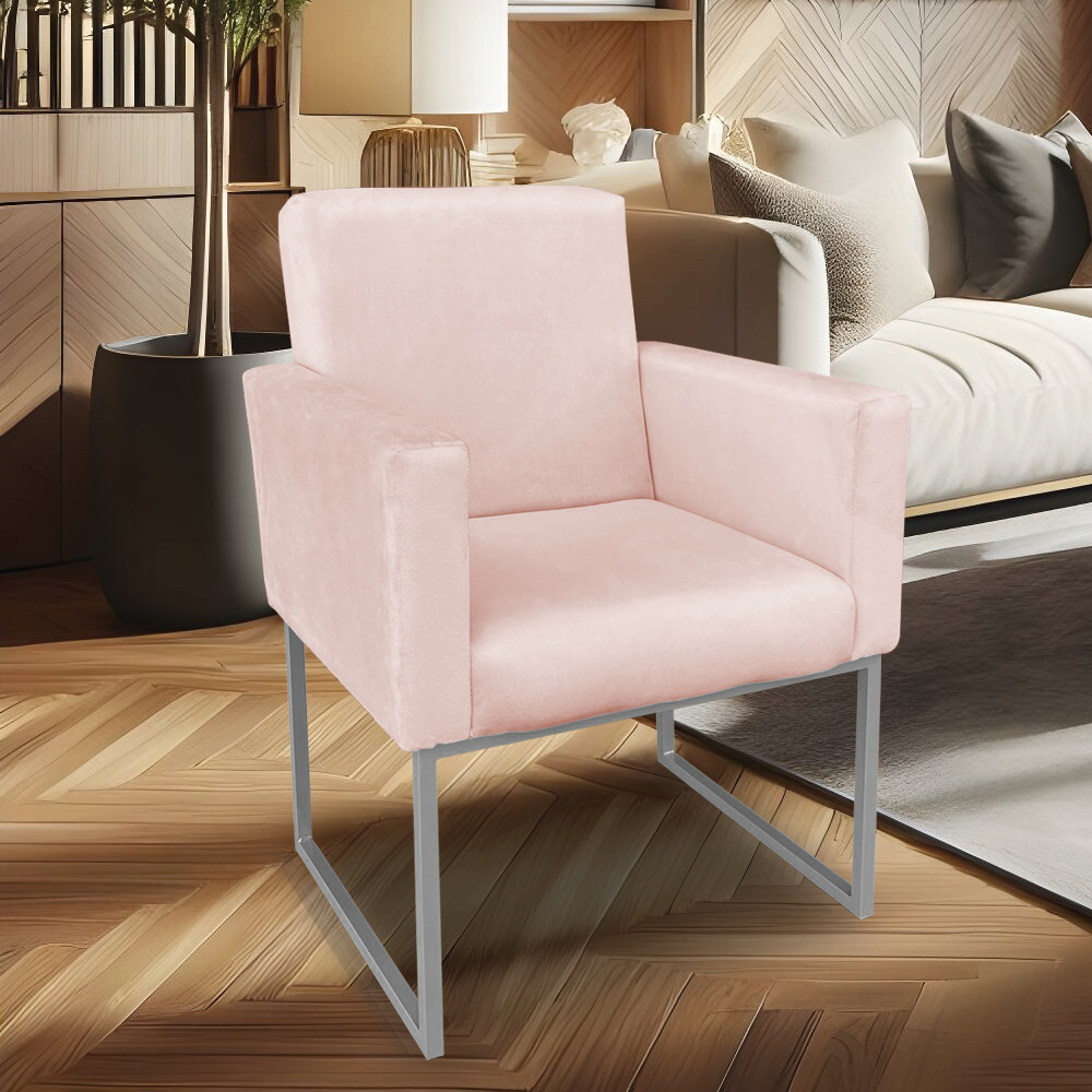 Kit 02 Poltronas Clarice Veludo Rosa Bebê Base Metálica Industrial Prata - Pallazio