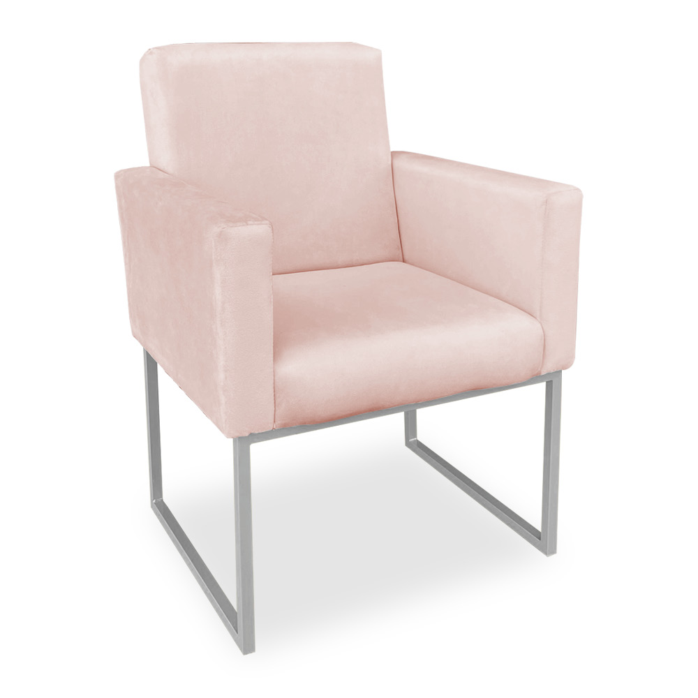 Kit 02 Poltronas Clarice Veludo Rosa Bebê Base Metálica Industrial Prata - Pallazio