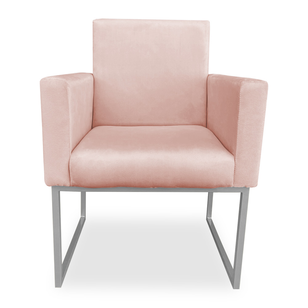 Kit 02 Poltronas Clarice Veludo Rosa Bebê Base Metálica Industrial Prata - Pallazio