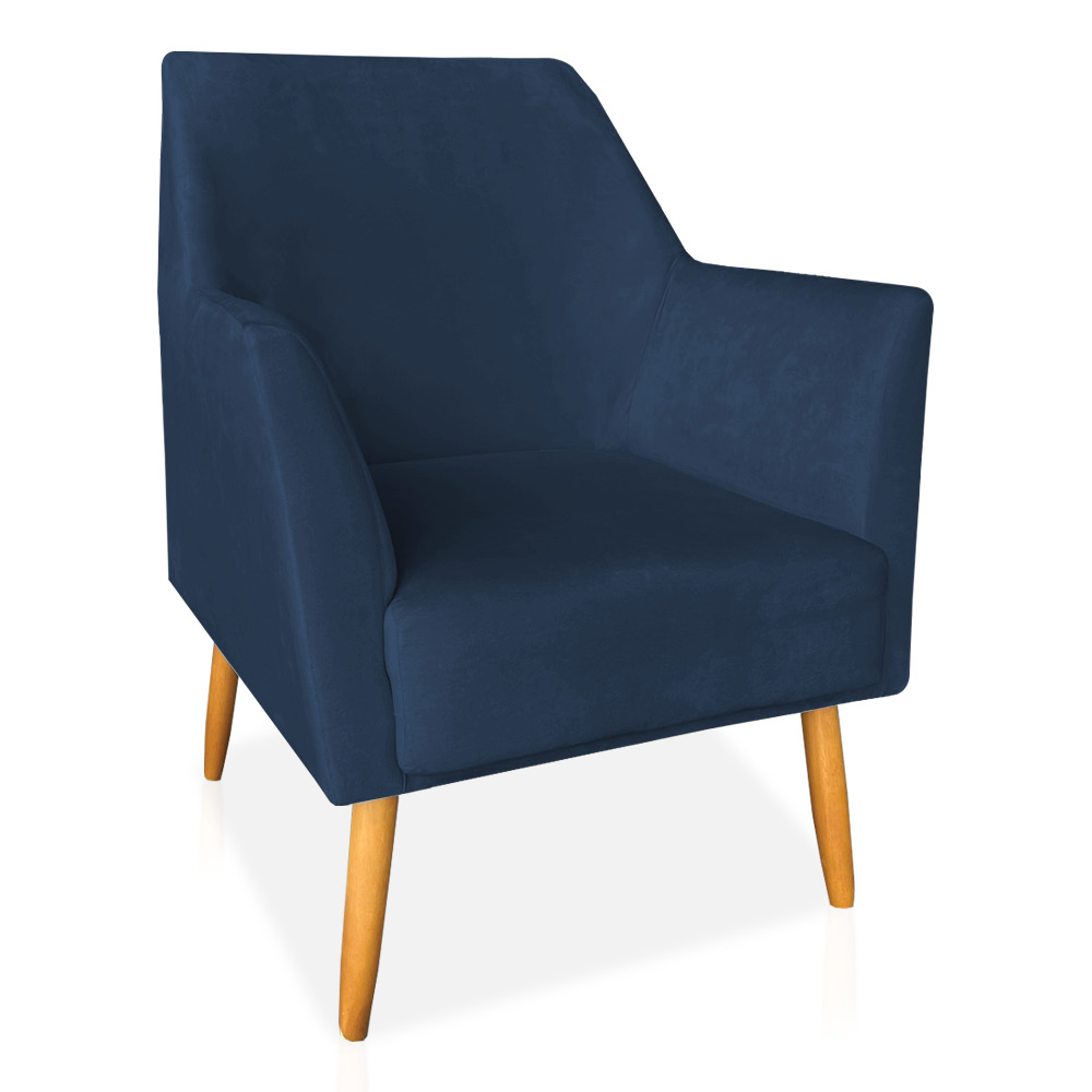 Kit 02 Poltronas Decorativa Julia Veludo Azul Marinho Pés Palito Castanho - Pallazio
