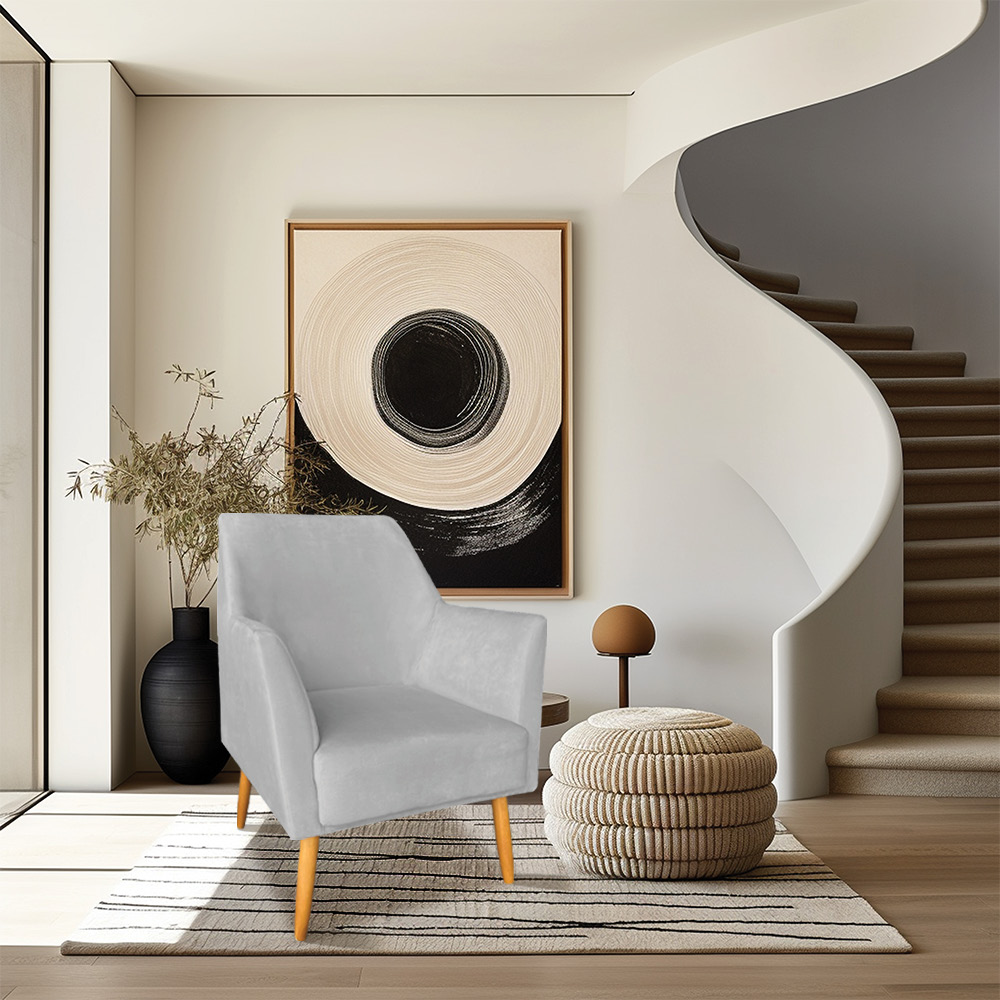 Kit 02 Poltronas Decorativa Julia Veludo Cinza Pés Palito Castanho - Pallazio