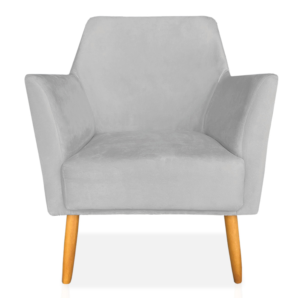 Kit 02 Poltronas Decorativa Julia Veludo Cinza Pés Palito Castanho - Pallazio