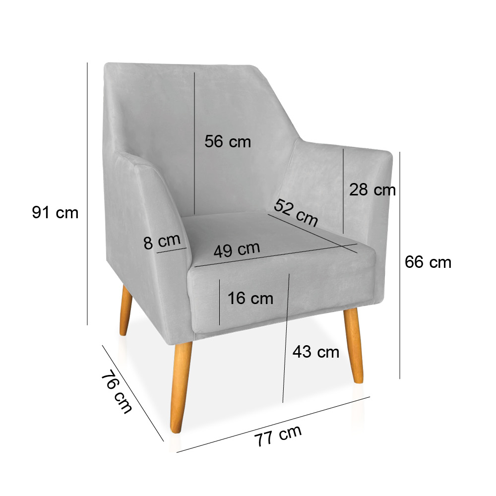 Kit 02 Poltronas Decorativa Julia Veludo Cinza Pés Palito Castanho - Pallazio