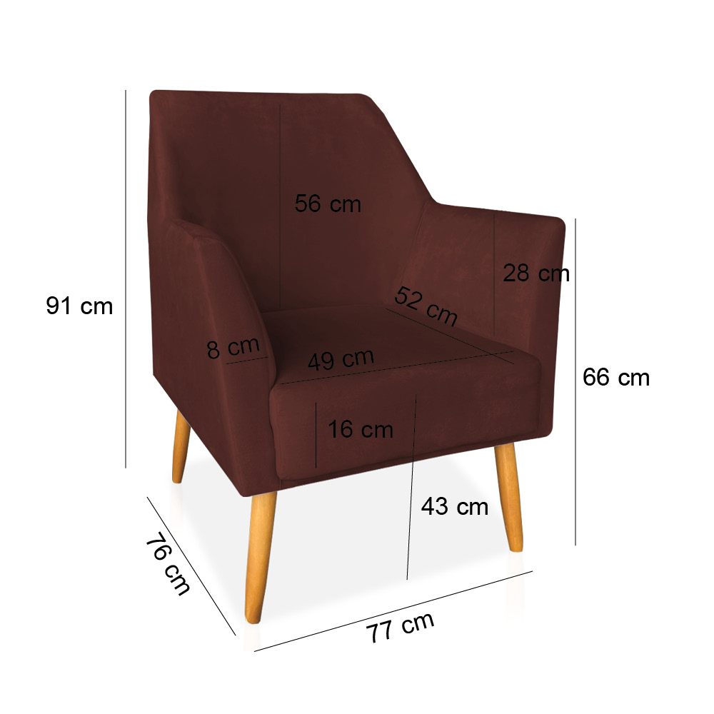 Kit 02 Poltronas Decorativa Julia Veludo Marsala Pés Palito Castanho - Pallazio