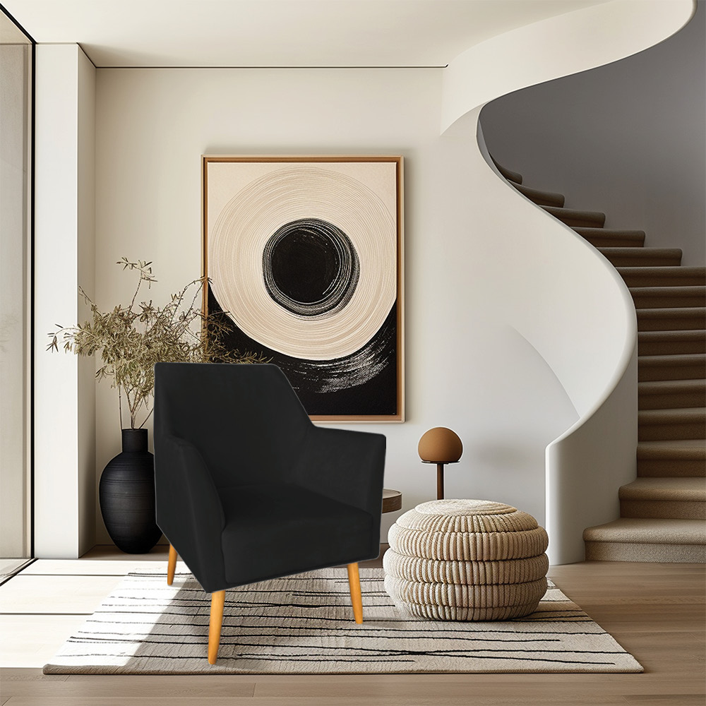 Kit 02 Poltronas Decorativa Julia Veludo Preto Pés Palito Castanho - Pallazio