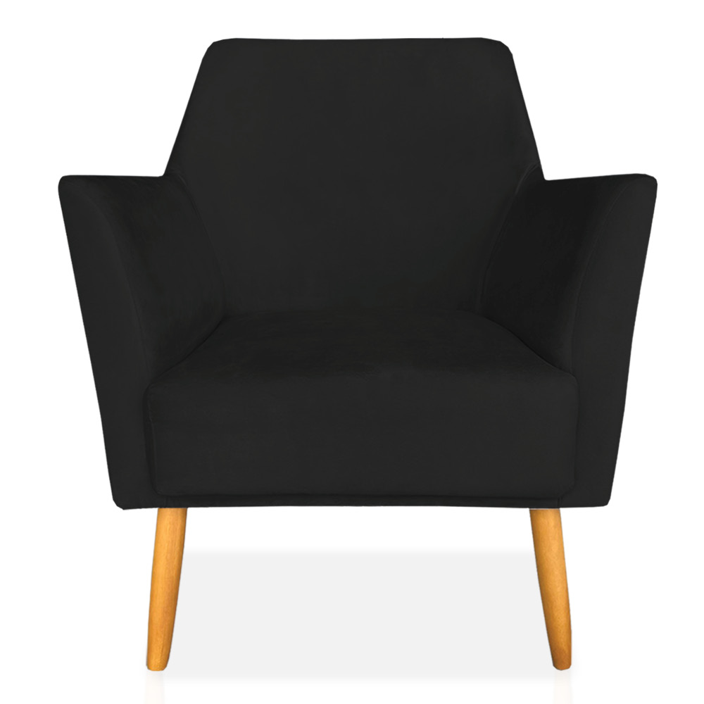 Kit 02 Poltronas Decorativa Julia Veludo Preto Pés Palito Castanho - Pallazio