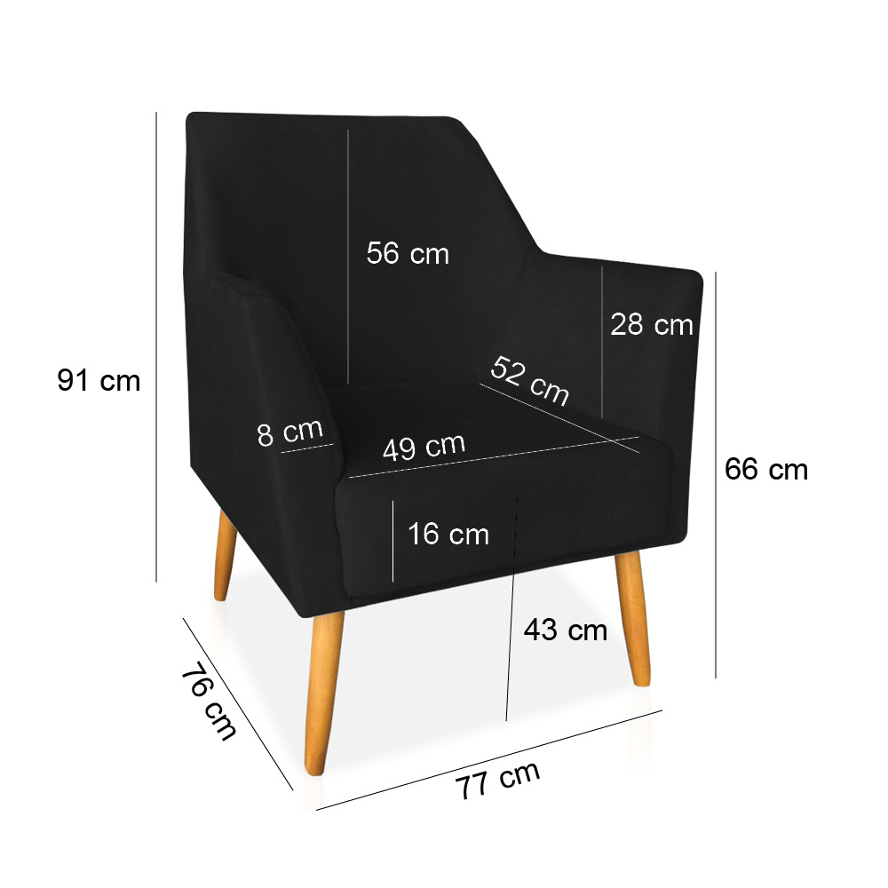 Kit 02 Poltronas Decorativa Julia Veludo Preto Pés Palito Castanho - Pallazio
