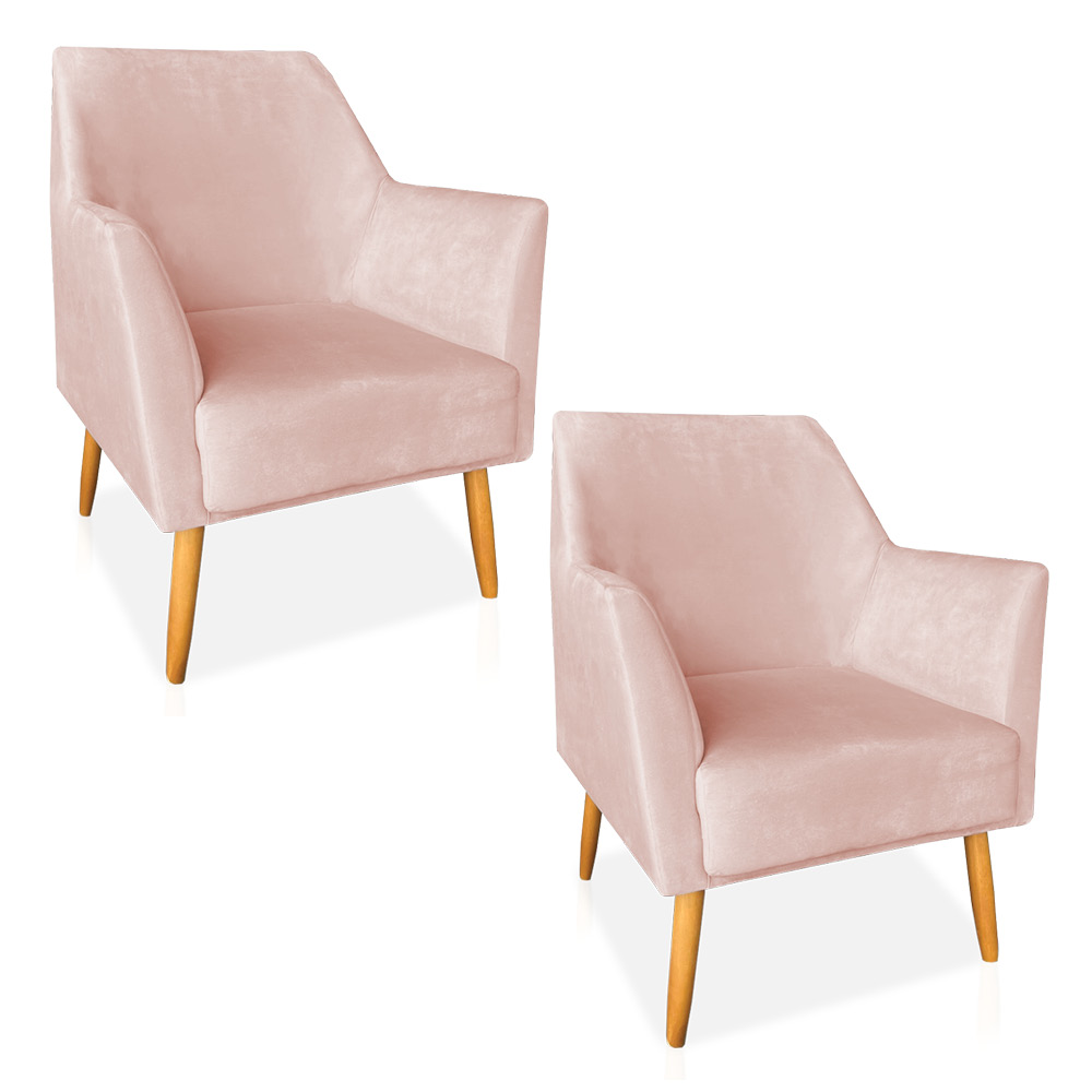 Kit 02 Poltronas Decorativa Julia Veludo Rosa Bebê Pés Palito Castanho - Pallazio