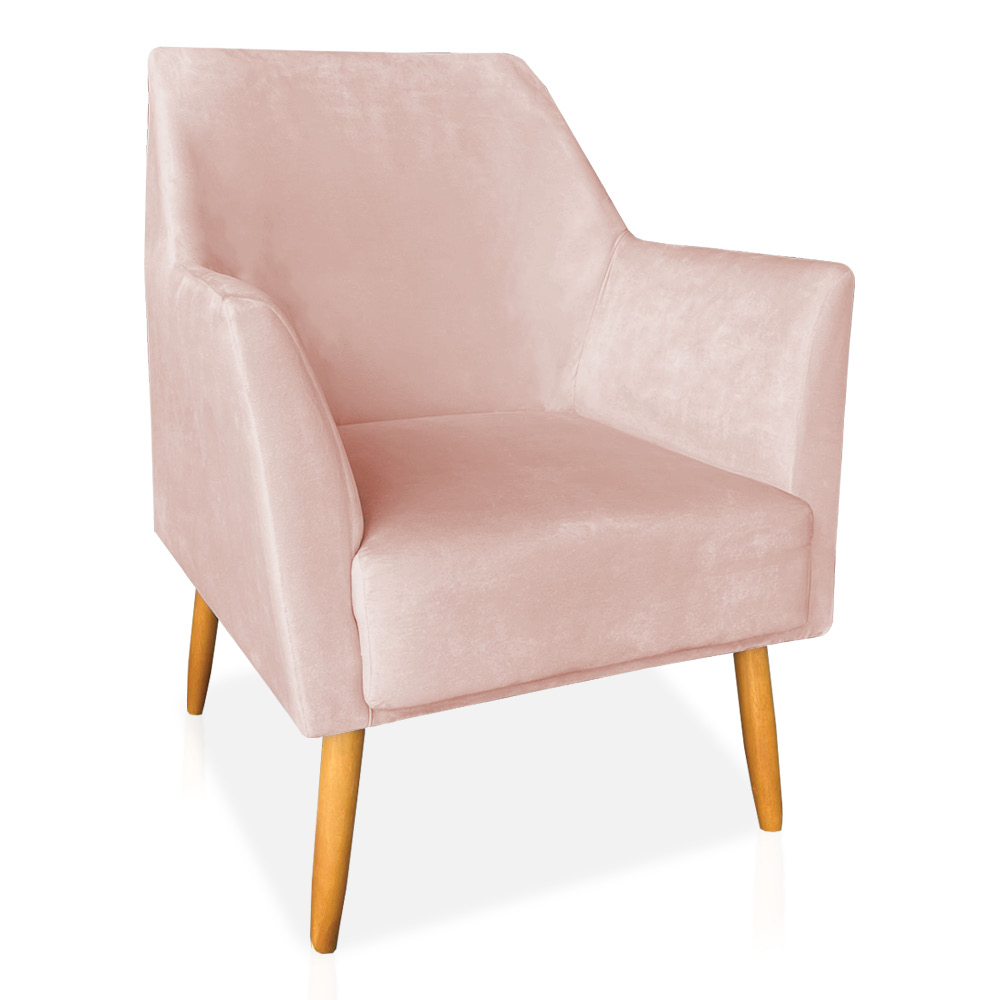 Kit 02 Poltronas Decorativa Julia Veludo Rosa Bebê Pés Palito Castanho - Pallazio