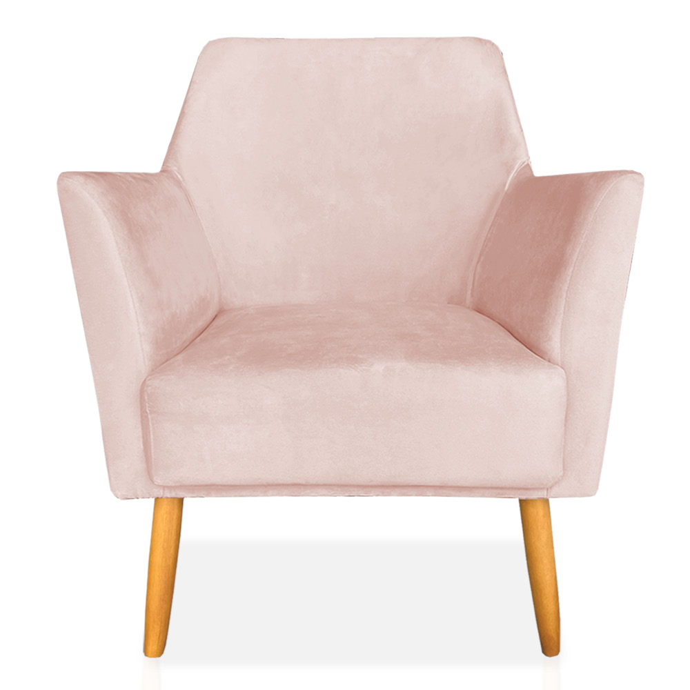 Kit 02 Poltronas Decorativa Julia Veludo Rosa Bebê Pés Palito Castanho - Pallazio
