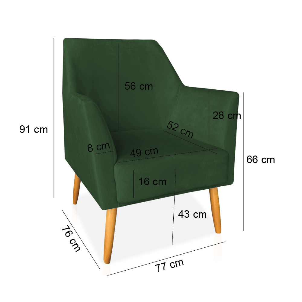 Kit 02 Poltronas Decorativa Julia Veludo Verde Pés Palito Castanho - Pallazio