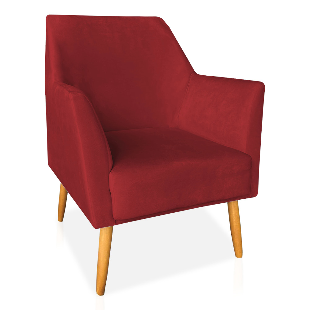 Kit 02 Poltronas Decorativa Julia Veludo Vermelho Pés Palito Castanho - Pallazio