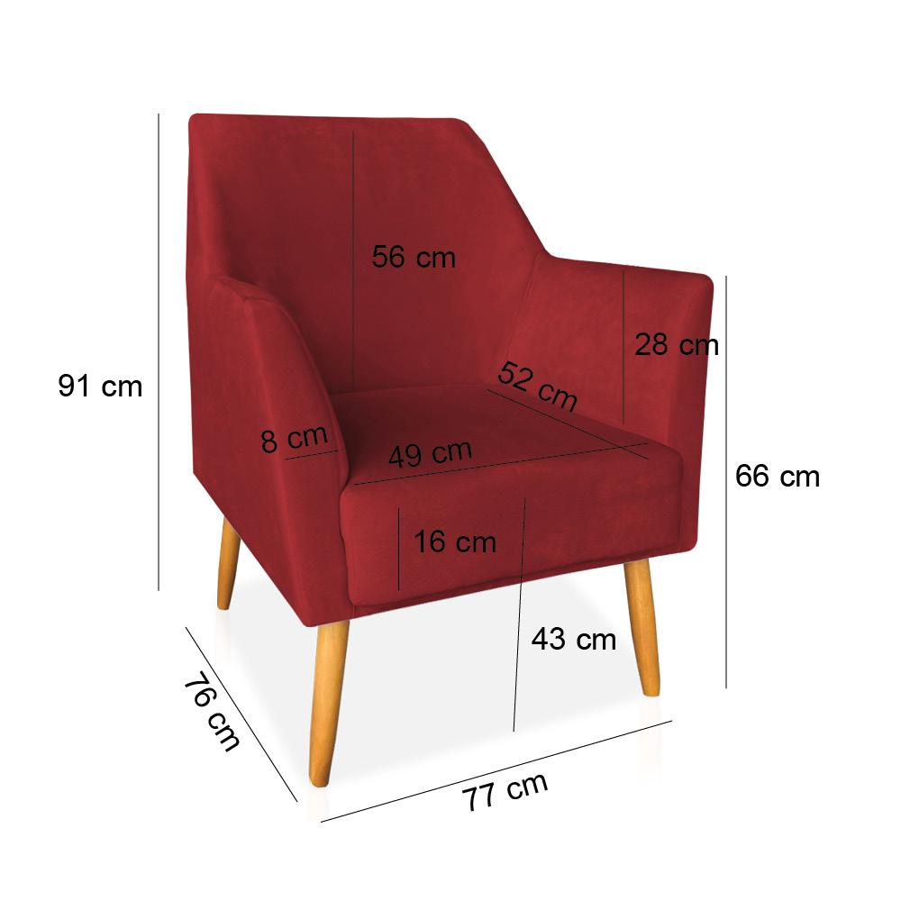 Kit 02 Poltronas Decorativa Julia Veludo Vermelho Pés Palito Castanho - Pallazio