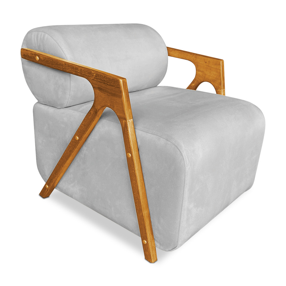 Kit 02 Poltronas Decorativa Marselha Veludo Cinza Base de Madeira - Pallazio