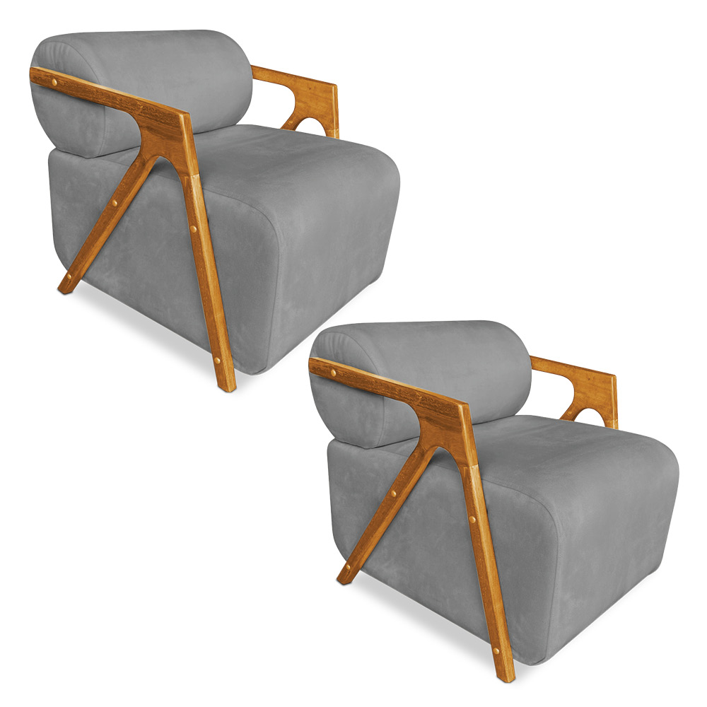 Kit 02 Poltronas Decorativa Marselha Veludo Grafite Base de Madeira - Pallazio