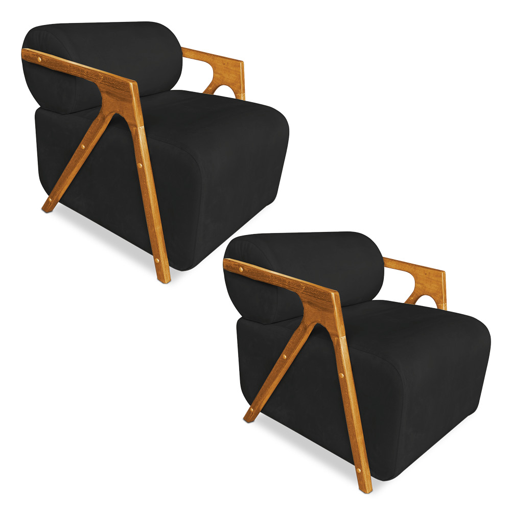 Kit 02 Poltronas Decorativa Marselha Veludo Marrom Base de Madeira - Pallazio